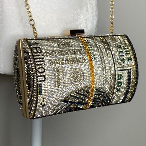 Bling Rhinestone Money Clutch Bag Purse Crystal Evening Handbag Dollar Stack Y2K - Picture 1 of 12